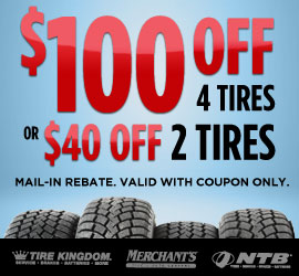$100 Off 4 Tires or $40 Off 2 Tires!